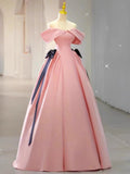 Tineit Elegant Ball Gown Off The Shoulder Pink Satin Long Prom Dress Evening Dresses (PRE-ORDER)