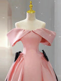 Tineit Elegant Ball Gown Off The Shoulder Pink Satin Long Prom Dress Evening Dresses (PRE-ORDER)