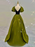 Tineit Elegant Ball Gown V Neckline Olive Green Satin Long Prom Dress Evening Dresses (PRE-ORDER)