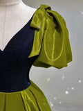 Tineit Elegant Ball Gown V Neckline Olive Green Satin Long Prom Dress Evening Dresses (PRE-ORDER)