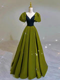 Tineit Elegant Ball Gown V Neckline Olive Green Satin Long Prom Dress Evening Dresses (PRE-ORDER)