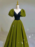 Tineit Elegant Ball Gown V Neckline Olive Green Satin Long Prom Dress Evening Dresses (PRE-ORDER)