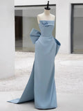 Tineit Pretty Sheath Strapless Blue Satin Long Prom Dress Evening Dresses With Bow (PRE-ORDER)