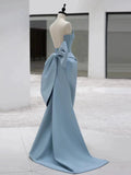 Tineit Pretty Sheath Strapless Blue Satin Long Prom Dress Evening Dresses With Bow (PRE-ORDER)