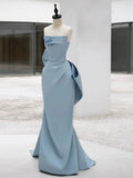 Tineit Pretty Sheath Strapless Blue Satin Long Prom Dress Evening Dresses With Bow (PRE-ORDER)