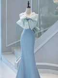 Tineit Pretty Mermaid Strapless Blue Satin Long Prom Dress Evening Dresses With Bow (PRE-ORDER)