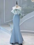 Tineit Pretty Mermaid Strapless Blue Satin Long Prom Dress Evening Dresses With Bow (PRE-ORDER)