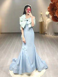 Tineit Pretty Mermaid Strapless Blue Satin Long Prom Dress Evening Dresses With Bow (PRE-ORDER)