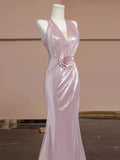 Tineit Elegant Sheath V Neckline Pink Sequin Long Prom Dress Evening Dresses With Flowers (PRE-ORDER)