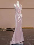 Tineit Elegant Sheath V Neckline Pink Sequin Long Prom Dress Evening Dresses With Flowers (PRE-ORDER)