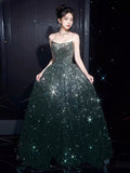 Tineit Elegant A line Strapless Green Sequin Long Prom Dress Evening Dresses (PRE-ORDER)