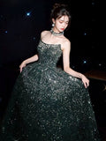 Tineit Elegant A line Strapless Green Sequin Long Prom Dress Evening Dresses (PRE-ORDER)