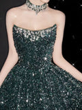 Tineit Elegant A line Strapless Green Sequin Long Prom Dress Evening Dresses (PRE-ORDER)