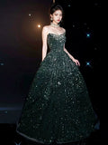 Tineit Elegant A line Strapless Green Sequin Long Prom Dress Evening Dresses (PRE-ORDER)