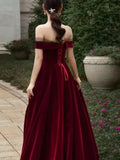 Tineit Elegant A line Off The Shoulder Burgundy Velvet Long Prom Dress Evening Dresses (PRE-ORDER)