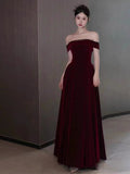 Tineit Elegant A line Off The Shoulder Burgundy Velvet Long Prom Dress Evening Dresses (PRE-ORDER)