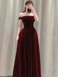 Tineit Elegant A line Off The Shoulder Burgundy Velvet Long Prom Dress Evening Dresses (PRE-ORDER)