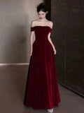 Tineit Elegant A line Off The Shoulder Burgundy Velvet Long Prom Dress Evening Dresses (PRE-ORDER)