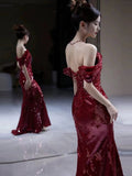 Tineit Elegant Mermaid Off The Shoulder Burgundy Sequin Long Prom Dress Evening Dresses (PRE-ORDER)