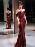 Tineit Elegant Mermaid Off The Shoulder Burgundy Sequin Long Prom Dress Evening Dresses (PRE-ORDER)