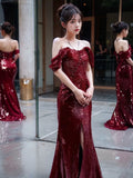 Tineit Elegant Mermaid Off The Shoulder Burgundy Sequin Long Prom Dress Evening Dresses (PRE-ORDER)