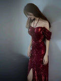 Tineit Elegant Mermaid Off The Shoulder Burgundy Sequin Long Prom Dress Evening Dresses (PRE-ORDER)