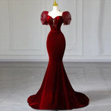 Tineit Elegant Mermaid Sweetheart Burgundy Short Sleeves Long Prom Dress Evening Dresses (PRE-ORDER)