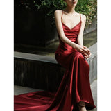 Tineit Sexy Mermaid Spaghetti Straps Burgundy Satin Prom Dresses Evening Dress With Beads (PRE-ORDER)