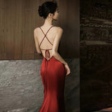 Tineit Sexy Mermaid Spaghetti Straps Burgundy Satin Prom Dresses Evening Dress With Beads (PRE-ORDER)