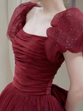 Tineit Elegant Ball Gown Sweetheart Burgundy Short Sleeves Long Prom Dress Evening Dresses (PRE-ORDER)