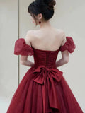 Tineit Elegant Ball Gown Sweetheart Burgundy Short Sleeves Long Prom Dress Evening Dresses (PRE-ORDER)