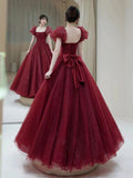 Tineit Elegant Ball Gown Sweetheart Burgundy Short Sleeves Long Prom Dress Evening Dresses (PRE-ORDER)