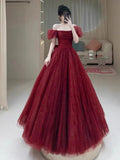 Tineit Elegant Ball Gown Sweetheart Burgundy Short Sleeves Long Prom Dress Evening Dresses (PRE-ORDER)