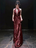 Tineit Sexy Mermaid V Neckline Burgundy Sequin Prom Dresses Evening Dress With Beads (PRE-ORDER)