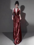 Tineit Sexy Mermaid V Neckline Burgundy Sequin Prom Dresses Evening Dress With Beads (PRE-ORDER)