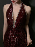 Tineit Sexy Mermaid V Neckline Burgundy Sequin Prom Dresses Evening Dress With Beads (PRE-ORDER)