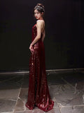 Tineit Sexy Mermaid V Neckline Burgundy Sequin Prom Dresses Evening Dress With Beads (PRE-ORDER)