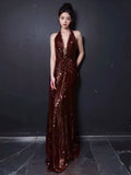 Tineit Sexy Mermaid V Neckline Burgundy Sequin Prom Dresses Evening Dress With Beads (PRE-ORDER)