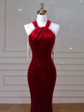 Tineit Sexy Mermaid Halter Red Velvet Long Prom Dresses Evening Dress (PRE-ORDER)