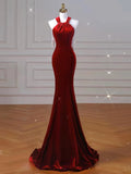 Tineit Sexy Mermaid Halter Red Velvet Long Prom Dresses Evening Dress (PRE-ORDER)