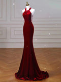 Tineit Sexy Mermaid Halter Red Velvet Long Prom Dresses Evening Dress (PRE-ORDER)