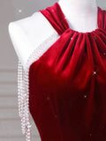 Tineit Sexy Mermaid Halter Red Velvet Long Prom Dresses Evening Dress (PRE-ORDER)