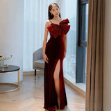 Tineit Elegant Mermaid Spaghetti Straps Burgundy Long Prom Dress Evening Dresses (PRE-ORDER)