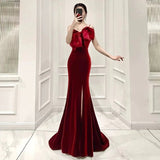 Tineit Elegant Mermaid Spaghetti Straps Burgundy Long Prom Dress Evening Dresses (PRE-ORDER)