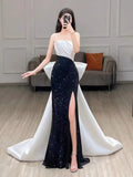 Tineit Elegant Mermaid Strapless Black Sequin Long Prom Dress Evening Dresses (PRE-ORDER)