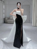 Tineit Elegant Mermaid Strapless Black Sequin Long Prom Dress Evening Dresses (PRE-ORDER)