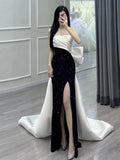 Tineit Elegant Mermaid Strapless Black Sequin Long Prom Dress Evening Dresses (PRE-ORDER)