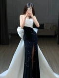 Tineit Elegant Mermaid Strapless Black Sequin Long Prom Dress Evening Dresses (PRE-ORDER)