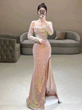 Tineit Elegant Mermaid Strapless Pink Slit Sequin Long Prom Dress Evening Dresses (PRE-ORDER)