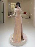 Tineit Elegant Mermaid Strapless Pink Slit Sequin Long Prom Dress Evening Dresses (PRE-ORDER)